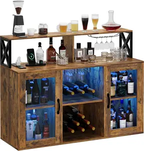 Bar Cabinet Liquor Cabinet for Home with Power Outlets Led Lights and Glass Holder Wine Cabinet with Storage and Racks for Home Kitchen-A
