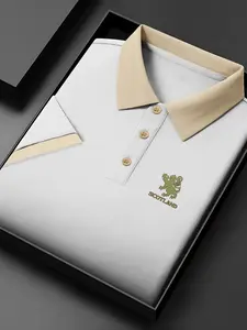 Scottish Lion Print Polo Shirt for Men, Casual Business Style Short Sleeve Top, Daily Commute Office Wear, Comfortable Knitwear