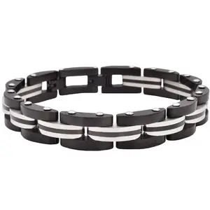 Mens Two Toned Striped Black Stainless Steel Bracelet
