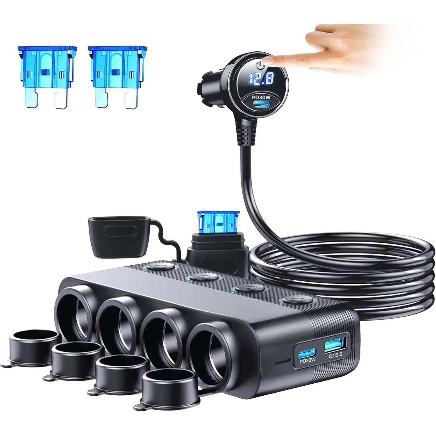 4 port usb car cigarette lighter adapter Cigarette Lighter Splitter Adapter 216W 4 Socket Heavy Duty Truck Car USB  Chager Multi Port with PD30W/QC3.0 Charge USB C 12V/24V Independent  Switches & Dust Cover & Waterproof for Car Devices -