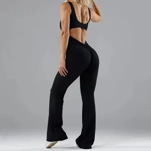 Women's Scrunch Bodysuit - Tummy Control, Sleeveless, Backless V-Back, Waist Scrunch, Butt Lift, Flared Stretchy Seamless Leggings Athletic Gym Clothes Women, Yoga Jumpsuit, Father's Day Gift, Flattering