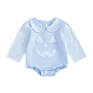 Infant Baby Boy Girl Halloween Bubble Romper Pumpkin Face Peter Pan Collar Gingham Onesie Bodysuit Jumpsuit