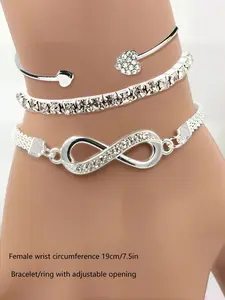 3pcs Women's Minimalist Elegant Heart Rhinestone Bangles Set, Pretty Bracelet, Fashion Accessories for Parties and Daily Wear, Versatile Elegant Jewelry Bracelet Set
