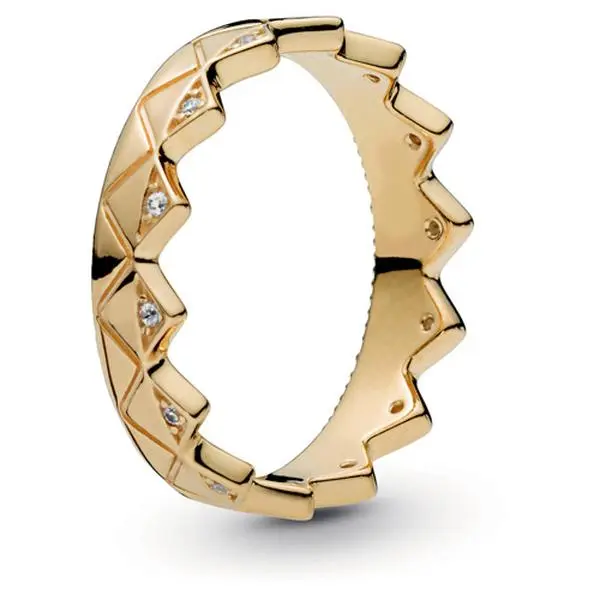 PANDORA Exotic Crown Ring - Pandora Shine 168033CZ, Engraved Pattern, Gold, Milgrain Detailing, Raised Hearts