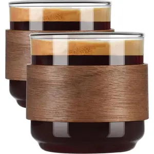 Espresso Cups Set of 2 with Wooden Ring, 5 OZ High Borosilicate Espresso Shot Glass, Clear Small Expresso Shots Cup, Espresso Accessories Drinkware Stylish