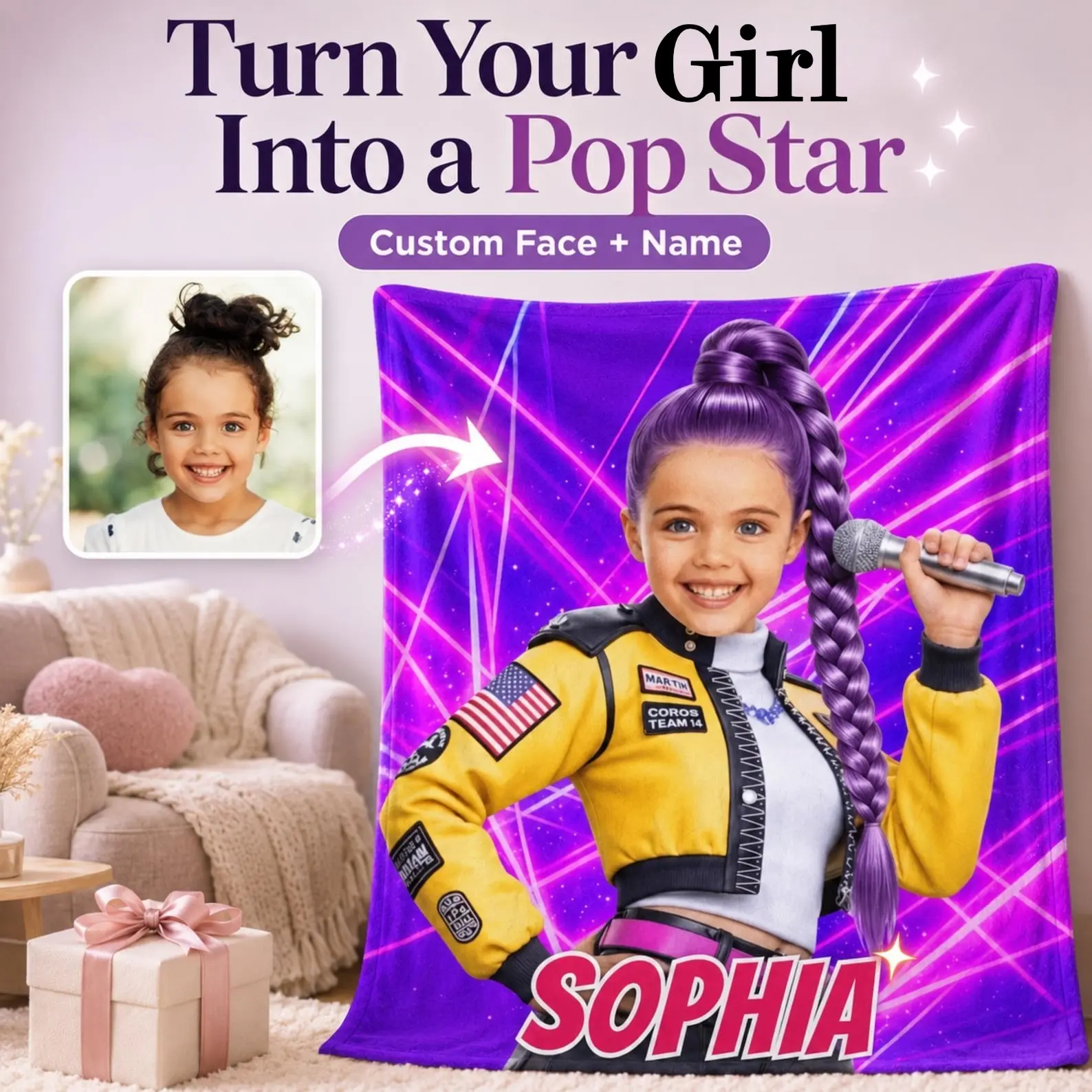 Personalized Sherpa Pop Star Girl Blanket - AI-Powered Custom Image Design, Child’s Face & Name, Singing-Dancing Anime Style, Neon Lights Home Decor Tapestry, Blanket Gifts, Custom Image Blanket