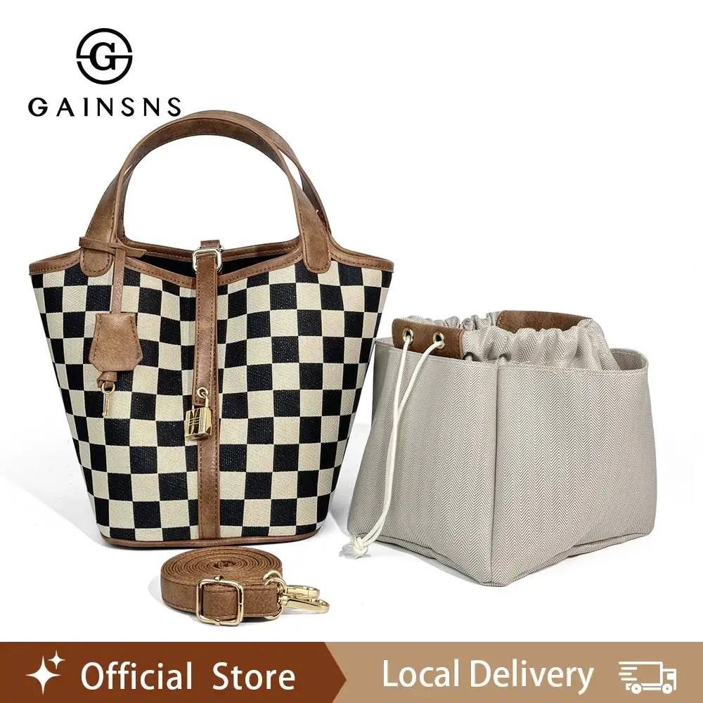 GAINSNS Checkerboard Plaid Checkered Women's Crossbody Bag, Polyester Bucket Bag for Women, Vegetable Basket Shape Satchel with Multi-Functional, Lightweight And Casual Adjustable Purse Handbags to Shopping bag and Holidays Gift, Suitable For Work, Travel