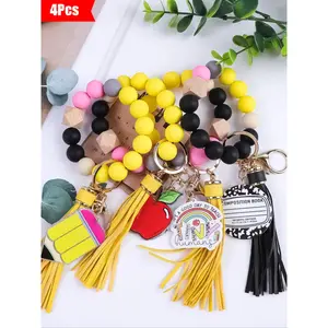 pcs-Vibrant School Style Beaded Keychain Set, Colorful Bracelet Design, Pencil Shape, Rainbow Decoration, Teacher Gift, Cool Keychains