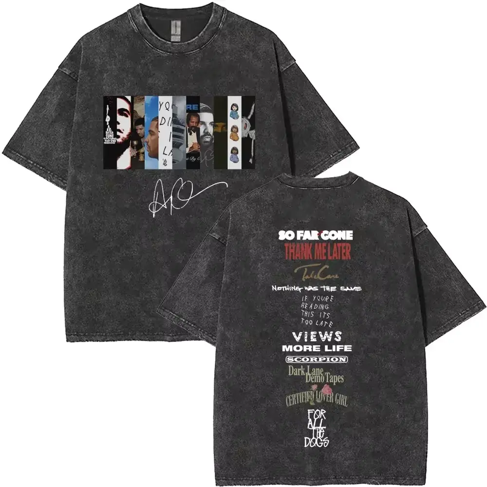 Retro "Drake Inspired Album Collection" Print T-Shirt, Washed Black Urban Streetwear Short Sleeve Cotton Unisex Tee