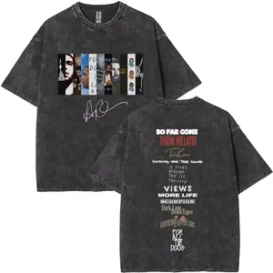 Retro "Drake Inspired Album Collection" Print T-Shirt, Washed Black Urban Streetwear Short Sleeve Cotton Unisex Tee