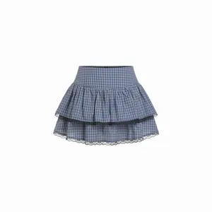 Cider Cotton Mid Rise Lace Panel Gingham Tiered Mini Skirt