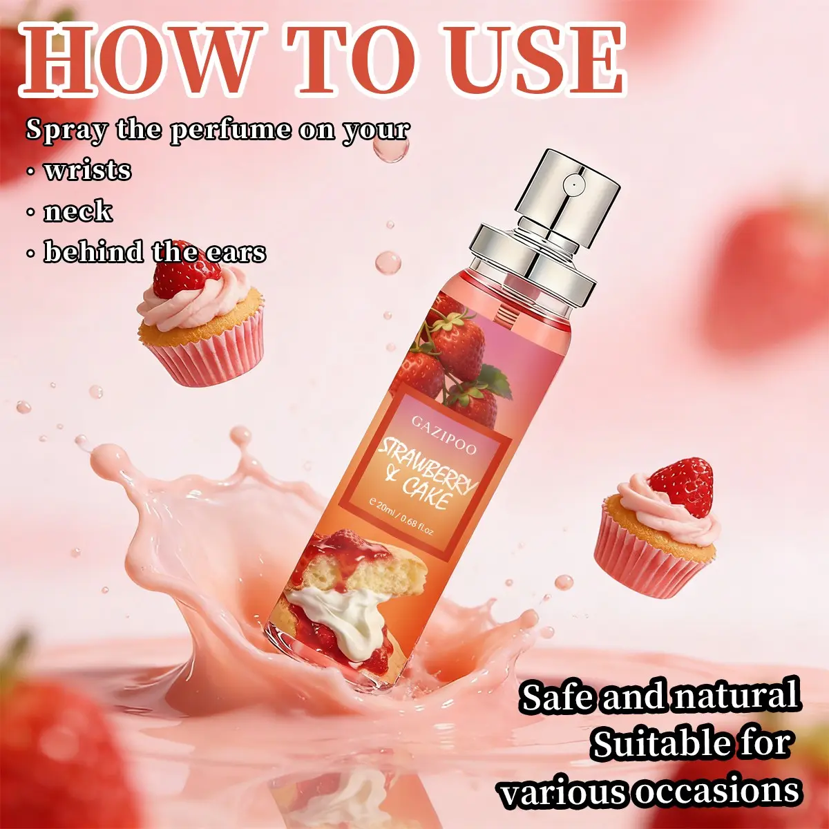 Sweet Strawberry Cake Scented Body Mist Perfume 20ML, Daily Summer Fragrance, Aromatic Sweet Scent, Fresh Fruit & Creamy Aroma, Long-Lasting Woody Notes, Perfect for All Occasions