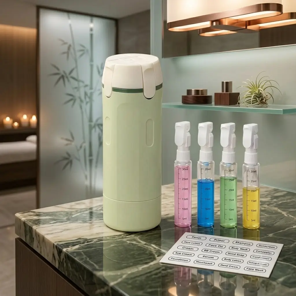 4-in-1 Rotatable Travel bottle - Leakproof Easy-Press Pump for Shampoo, Lotion, Cosmetics - Compact Plastic Toiletry Storage with Smooth Flow, Carry-On Bathroom Essential