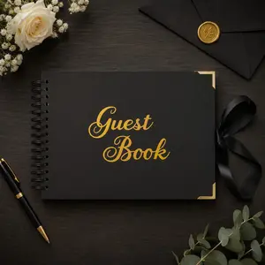 Hardcover Spiral Guest Book for Wedding Reception, Elegant Lettering, Includes Satin Ribbon, Perfect for Special Events