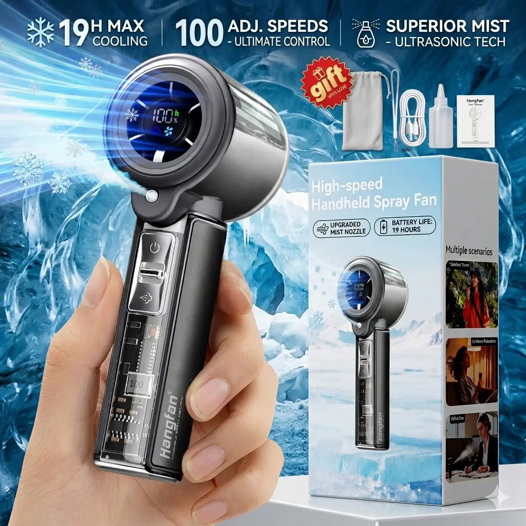 Hangfan Portable Handheld Turbo Fan | Misting Fan | 3000mAh Large-Capacity Battery | Ultra-Quiet Brushless Motor | Powerful Airflow | Digital Display | USB Rechargeable | Up to 10 Hours of Battery Life — An Exquisite Gift Suitable for Both Men and Women