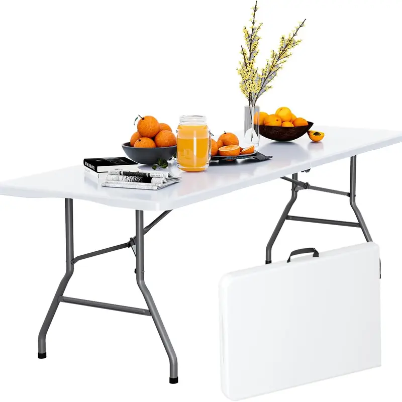 2.5FT / 4FT / 6FT Lightweight Heavy-Duty Fold-in-Half Plastic Outdoor Folding Table with Carrying Handle, 25.6lb, Waterproof Top, Wobble-Free Legs, Outdoor Patio Table for Indoor Dining, Picnic, Fits Small Spaces