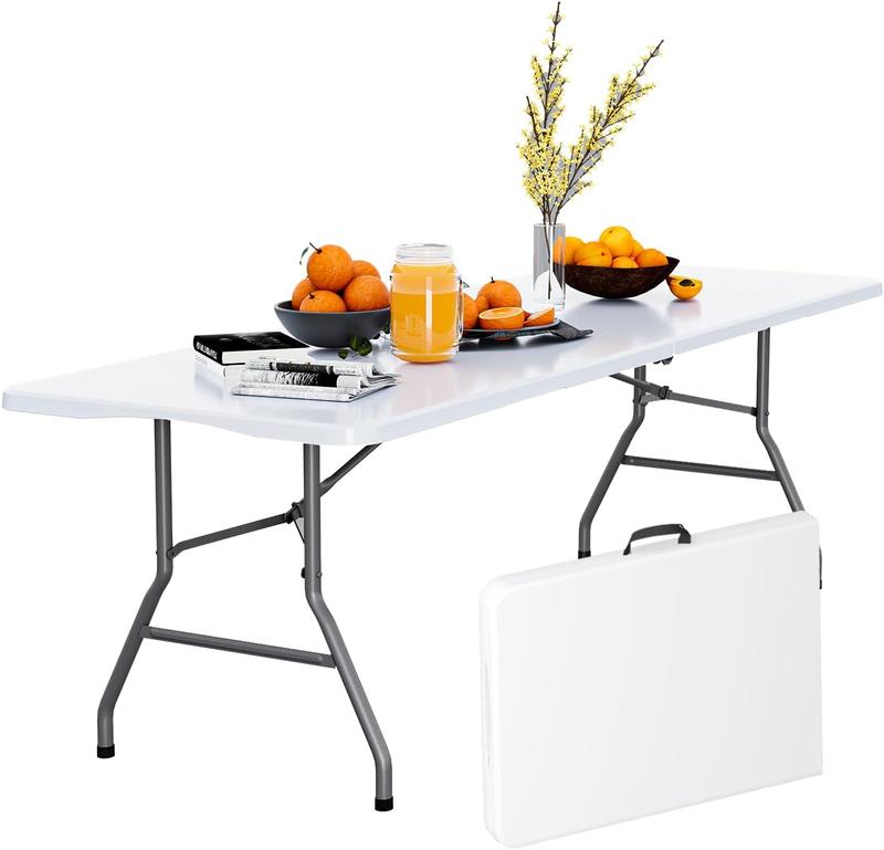 6FT Folding Table for Indoor Outdoor Portable Heavy Duty Fold-in-Half Plastic Dining Picnic Party Camping Table with Carrying Handle