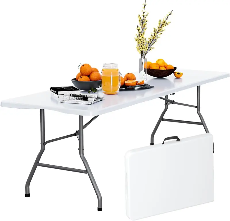 6FT Folding Table for Indoor Outdoor Portable Heavy Duty Fold-in-Half Plastic Dining Picnic Party Camping Table with Carrying Handle