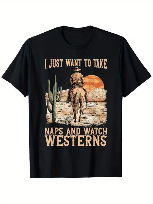 Men's Classic Crew Neck Short-Sleeve Cotton T-Shirt - Cowboy Desert Cactus Vintage Vibe, for Napping & Western-Watching Enthusiasts, All-Seasons Wear, Foldable