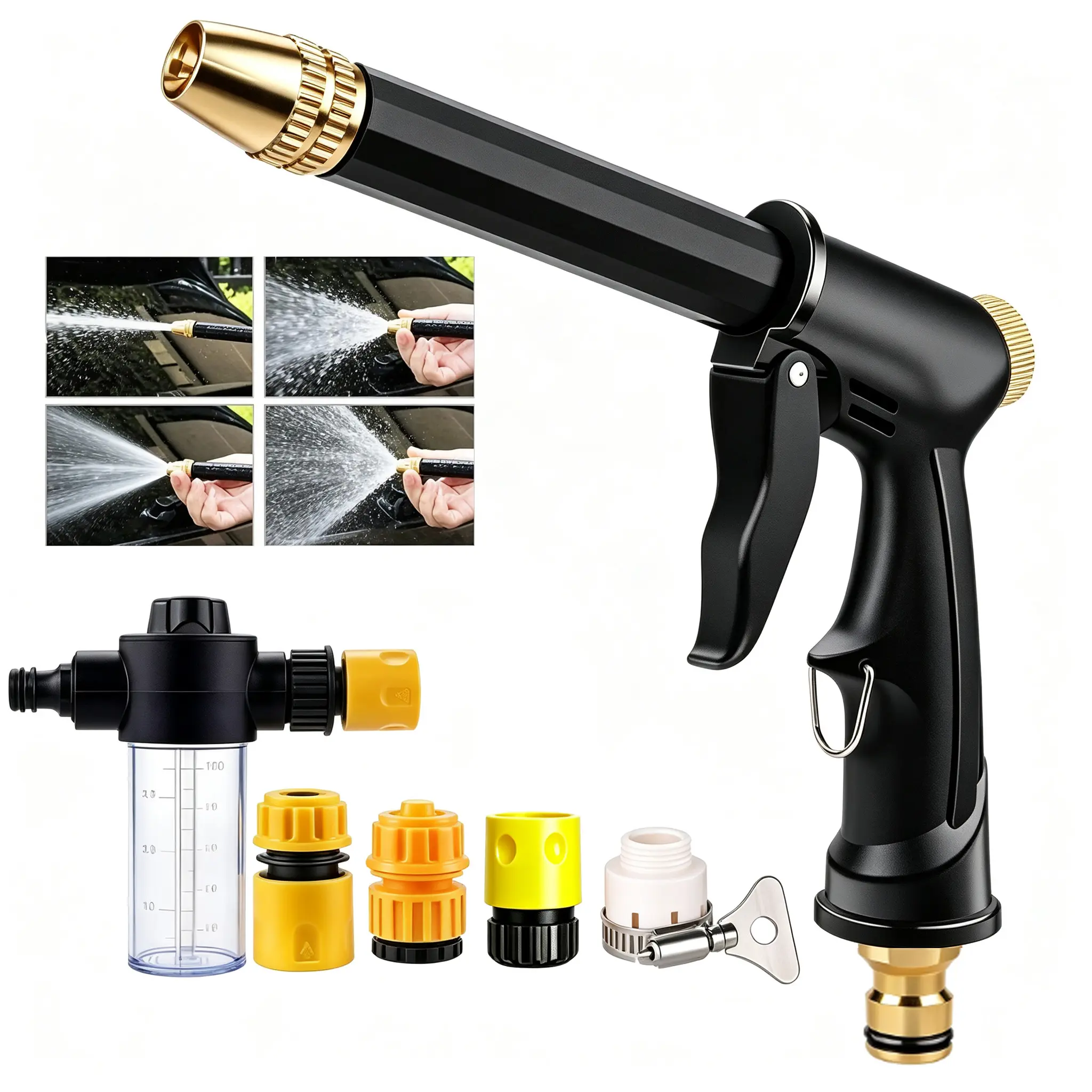 Drop-Resistant Plastic High-Pressure Spray Gun with Universal Hose Nozzle, 3 Adapters & Foam Bottle for Car Washing, Household Cleaning washer power