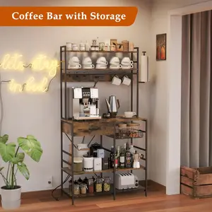 [ManyDFYu]KitchenStorage Viral Baker's Rack with Power Outlet & Adjustable Shelf CoffeeBarHacks, 6-Tier Microwave Stand with Drawer + Paper Towel Holder + Baskets