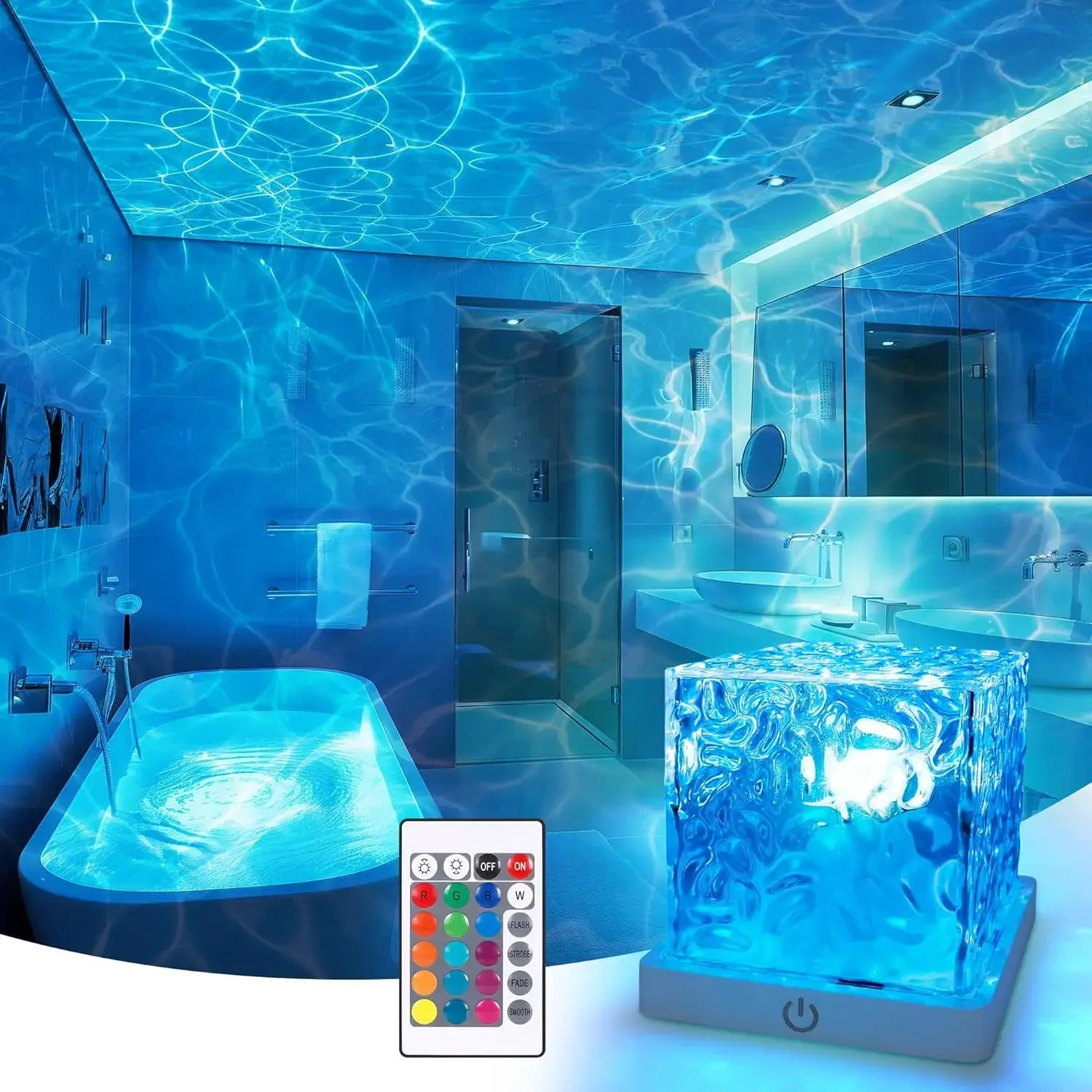 Roomsy Rechargeable Shower Light No Wiring, 16 Color Changeable Ocean Wave Projector Light, Dimmable Waterproof Shower Lamp with Remote, Rotating Flame Water Ripple Lamp for Shower, Bathroom, Bedroom Decor，Gifts