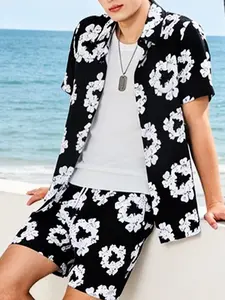 Men's Black & White Floral Print 2-Piece Loungewear Set - Short Sleeve Button-Down Shirt & Drawstring Shorts, Lightweight Breathable Fabric, Relaxed Fit for At-Home Lounging, Lazy Weekends & Casual Evenings