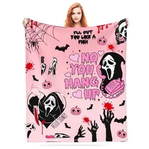 Horror movie scream ghost face print flannel blanket, super soft and lightweight, suitable for all seasons, bedroom, sofa, office and travel