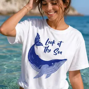 Blue Whale T-Shirt, Minimalist Ocean Art, Nautical Marine Life Apparel O