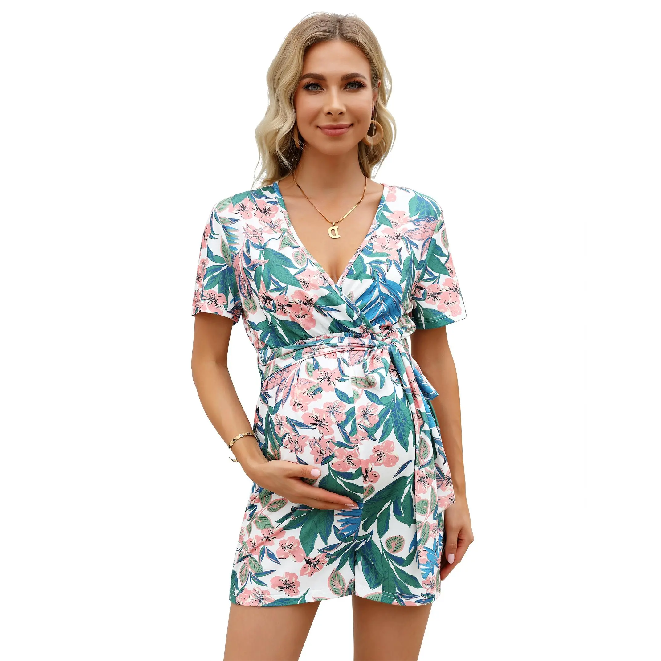 YesFashion In-Stock Women's Maternity Jumpsuit - V-Neck Short Sleeve Pregnancy Romper, Waist Tie, Non-Compressed Comfortable Fit, Casual Wear, 95% Polyester 5% Spandex Lightweight Stretch Fabric