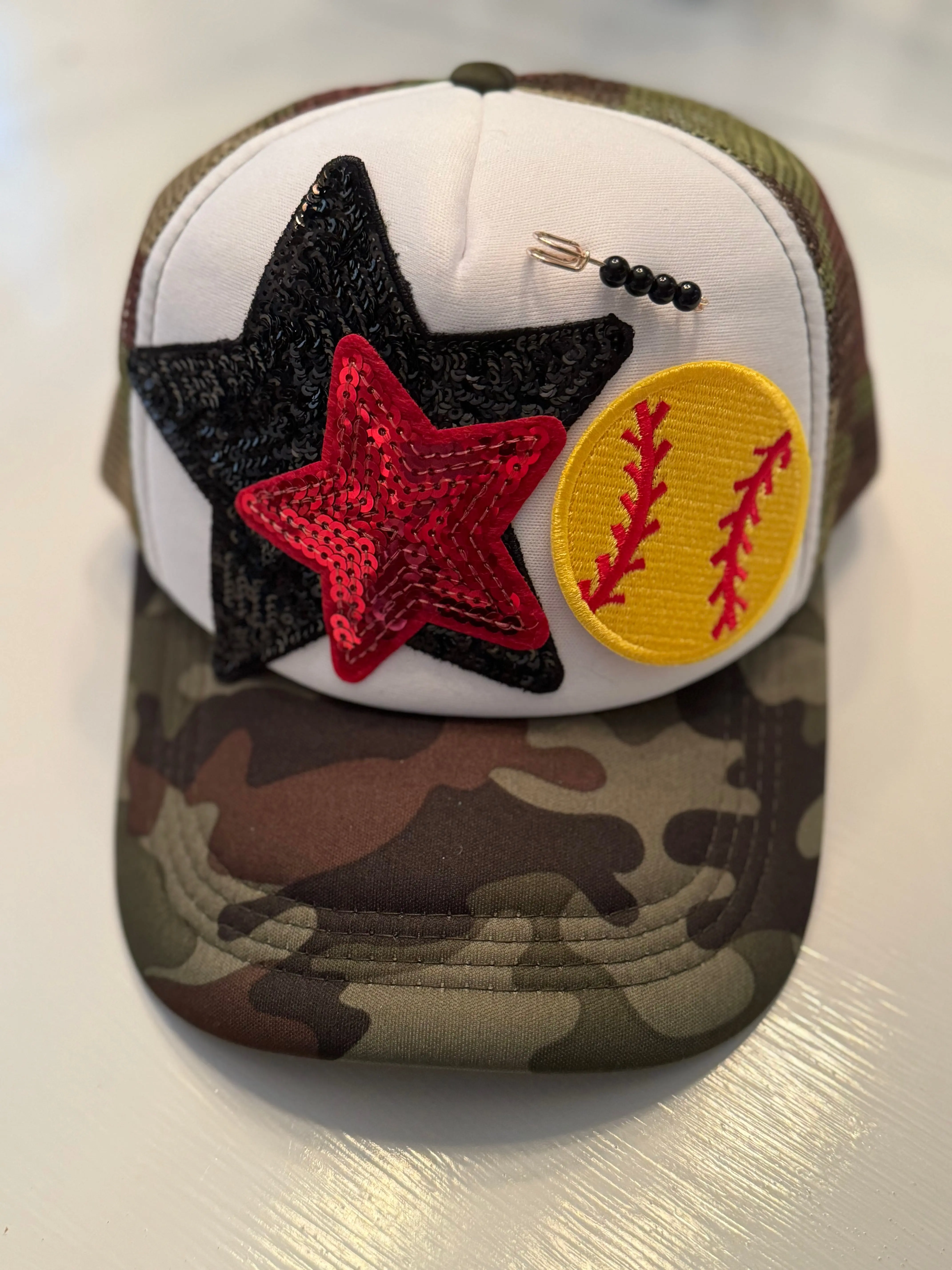 Women's Cotton Blend Basic Snapback Baseball Cap - Red & Black, One-Size Adjust, Cute Star Sequins Camouflage Trucker Design, Soft Daily Sports Casual Accessory for Female Softball