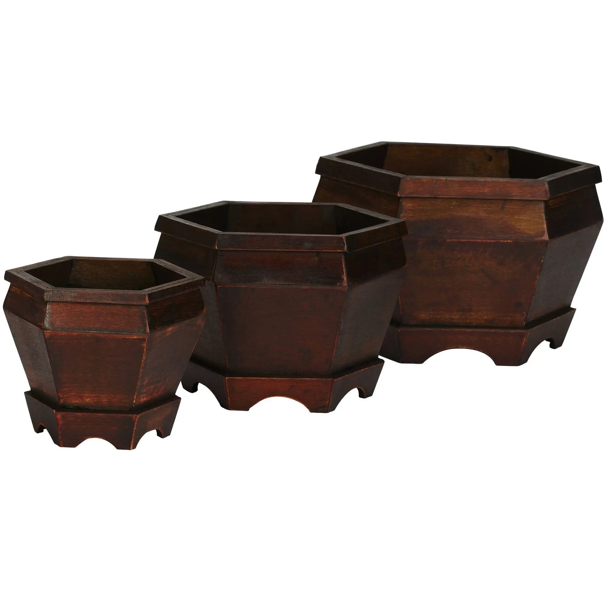 3-Piece Wooden Hexagon Earthen Finish Garden Planter Set, Dark & Light Shades, Outdoor Gardening Supplies, Flower Pots & Planters, 3-Piece Set
