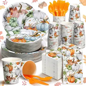 400-Piece Thanksgiving Party Tableware Set (Serves 50) Autumn Paper Plates, Napkins, Cups, Knives & Forks Pumpkin Leaf Harvest Theme Disposable Party Tableware (Light Orange Pumpkin Pattern)