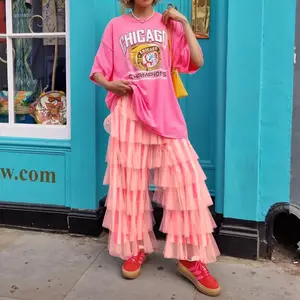 Women's vertical striped layer-by-layer mesh splicing pants, temperament versatile cake layer women's trousers