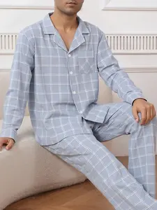 Men's Spring & Fall Sleepwear Set, Plaid Cardigan Lapel Casual Comfort Home Wear, Outerwear Men's Pajama Set