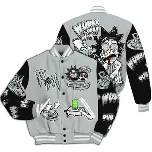 Black Wolf Grey 12s Match Varsity Jacket, Wubba Rick Drip Printed Baseball Jacket, Ricck and Mortyy Merch, 90s Hip Hop Baseball Jacket, Men Women Sports Lightweight Jacket(Sheets)