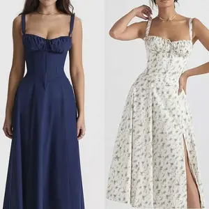 Women Floral Corset Dress Summer Dress Boho Flowy Slit Lace Up Midi Dresses Going Out A Line Casual Sundress Sleeveless Spaghetti Strap