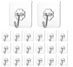 Adhesive Hooks for Hanging, Heavy Duty Wall Hooks 20 Pack, Removable Sticky Ceiling Hooks, Transparent Self Adhesive Shower Hooks, Water & Oil Proof Strong 22lb(Max) Door Coat Hooks