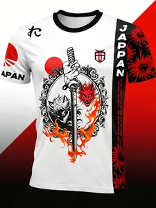 Japan National Team Soccer Jersey, Dragon Sword & Cherry Blossom Print, Round Neck Training Top, Sporty Long Sleeve, All Seasons
