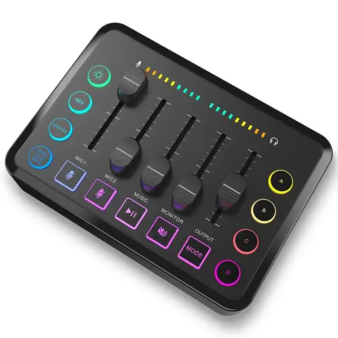 USB Rechargeable Audio Mixer, RGB PC Mixer, Streaming PC Mixer with XLR Microphone Interface, Volume Fader, Mute Button, 48V Phantom Power, for Podcast/Recording Live Audio Mixer
