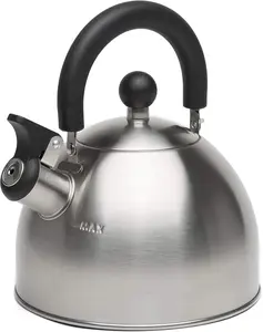 Stewart Whistling Tea Kettle for Stovetop, Stainless Steel Stove Top Kettle with Fast Boil Whistling Spout and Cool Touch Folding Handle, 1.5-Quart, Brushed Silver with Black Handle
