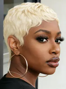 Pixie Cut Human Hair Wigs, 60# Blonde Machine Made Short Straight Layered Wig for Women, Daily Party Cosplay Gift Use, Human Hair Bob