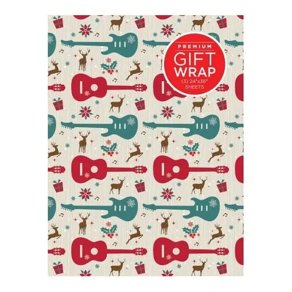 Guitars & Reindeer Theme Gift Wrapping Paper, 24in x 36in, 3 Sheets, Cardboard-Fold Office Stationery Supplies for Musicians, Folded with Cardboard
