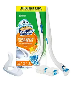 Scrubbing Bubbles Toilet Bowl Cleaning System with Flushable & Disposable Cleaner Refill Pads, Fights Odors and Helps Remove Limescale & Hard Water Stains, Citrus Scent, 1 Wand + 4 Refills + 1 Stand