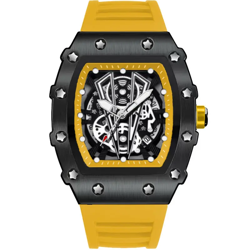 219 Men's Barrel Shape Watches, Yellow Color Male Quartz Wristwatch, Trendy Retro Style Watch For Man, Silicone Strap, Fashion Men Business Watch, Holiday Birthday Gifts