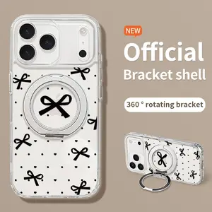 Black polka dot bow pattern phone case for  iPhone 13/14/15/16/17 Pro Max,17Air– 360° spinning kickstand, high-clear transparent material, and full-body shockproof protection.
