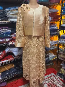 Champagne Gold Lace Midi Dress with Satin Cropped Jacket – Elegant 3/4 Sleeve Formal Two-Piece Set