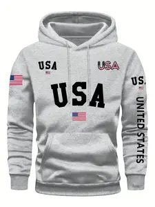 USA Flag Geometric Graphic Fitted Hoodie, Casual Pullover Hoodies - Patriotic Vibe Streetwear Aesthetic, Bold USA Print Pullover, Casual Daily/Outdoor Essential, Soft Breathable Fabric, Statement Piece for Patriotic Fits, American-Themed Outfit Top