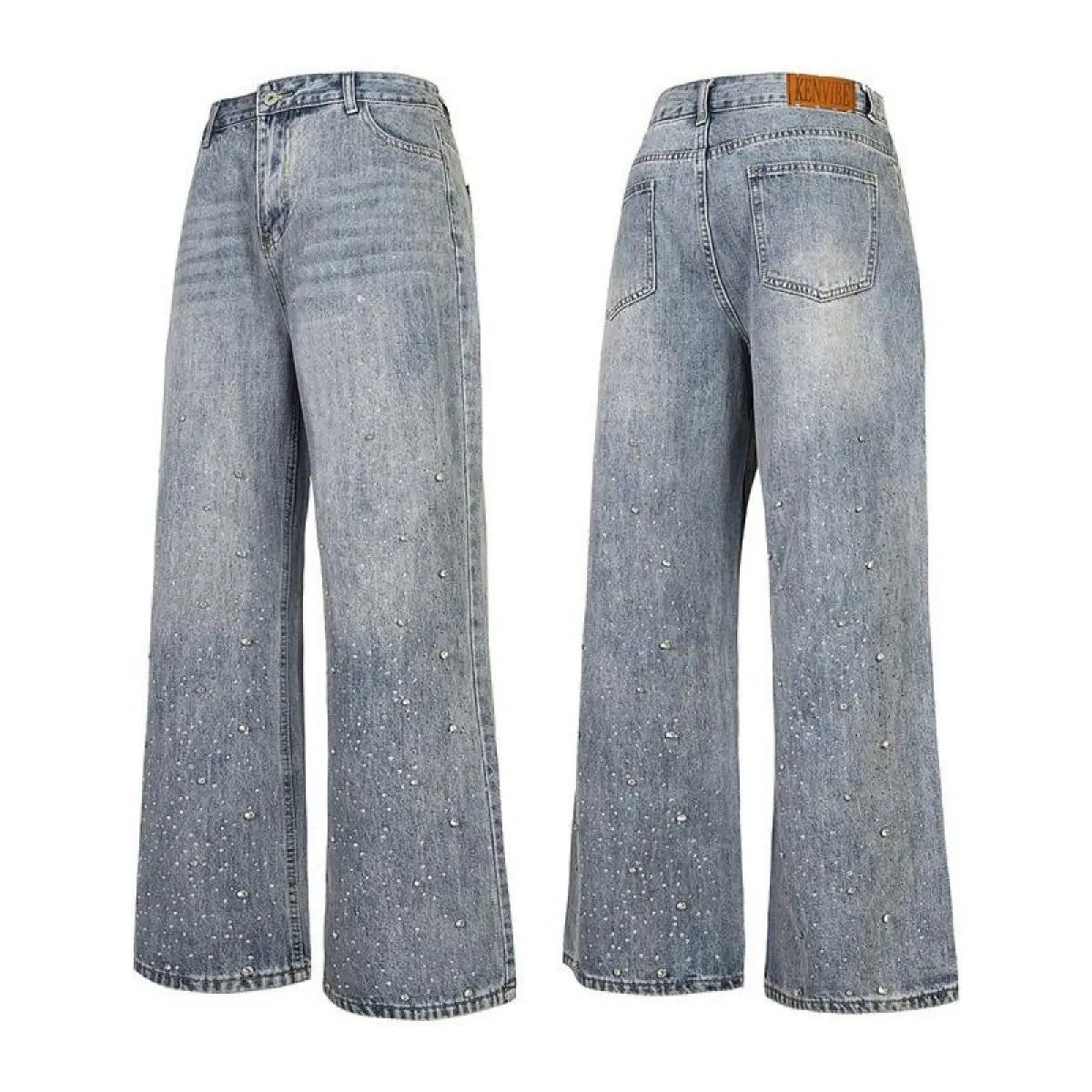 Aelfric Eden Rhinestone Decorated Loose Jeans Casual Soft Cotton Jeans Wide Leg Pants Fashion Pocket Solid Color Men's Clothing Streetwear Print Summer Outfit Set Tropical Leaf Print Short Sleeve Set Single Layer Racing Fire Suit Long Sleeve Hoodie Red M