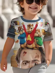 Summer children's fun-filled Alvin and the Chipmunks interesting movie scene digital printed T-shirt, 100% polyester, fashionable and trendy casual children's clothing, suitable for boys' daily outings and outdoor sports, a perfect gift for boys
